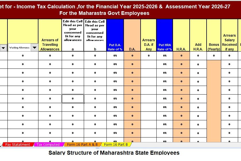 Download Automatic Income Tax Preparation Software in Excel for the Maharashtra State Employees for the F.Y. 2025–26 as per Budget 2025